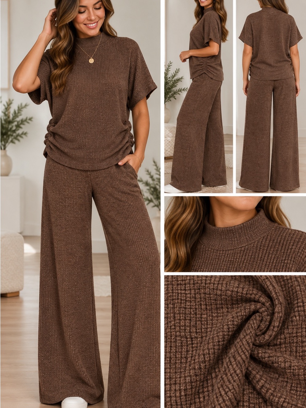 Zenana, Cozy Soft Waffle Knit Wide-Leg Pants & Top - Brown